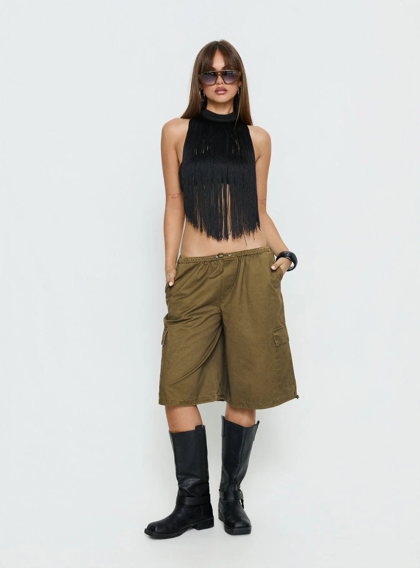Zephyrine Fringe Asymmetrical Halter Top Black - Image 3